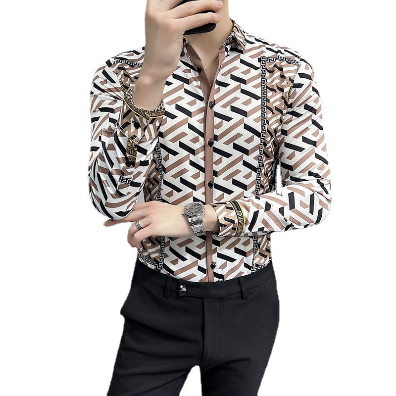 Men's Long Sleeve Digital Print Shirt – Classic Fit in Khaki | M–4XL