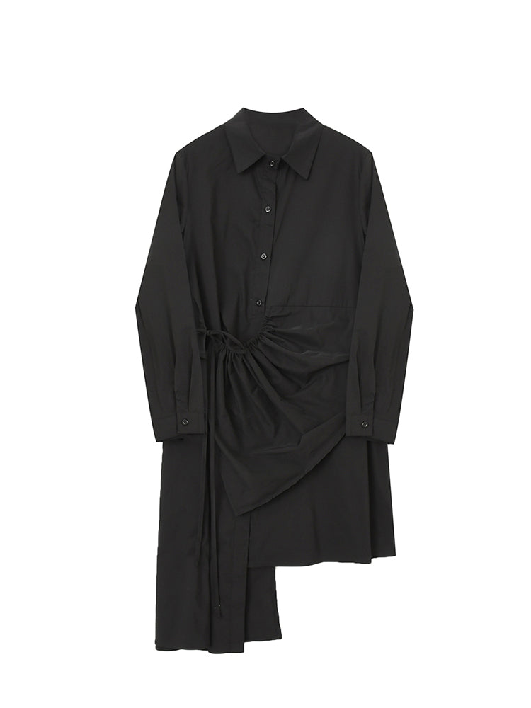 Asymmetric-Hem Polyester Shirt Dress