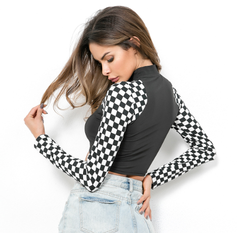 Patchwork Checkerboard Long Sleeve Crop T-Shirt