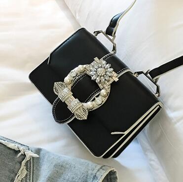 Elegant Women's Diamond Lock Handbag – Pearl Detail PU Leather Shoulder Bag in Black & White