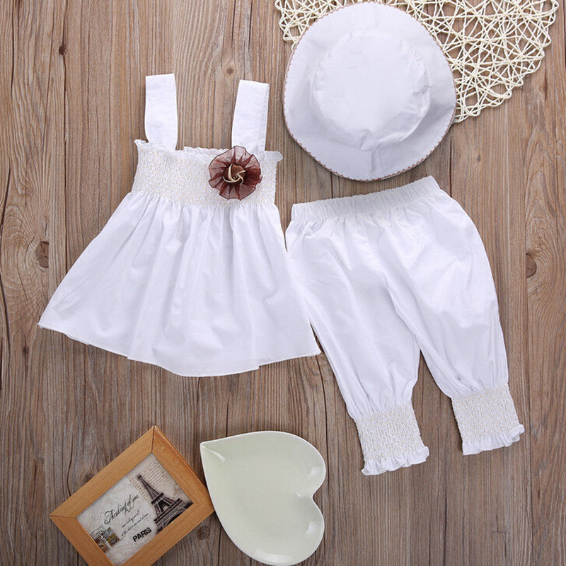 Mädchen Sommer weißes 3-teiliges Baumwollset | Culottes Outfit | 70–100cm