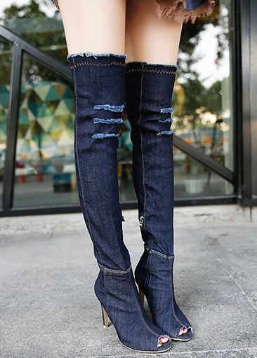 Women’s Denim Peep-Toe Over-the-Knee Boots