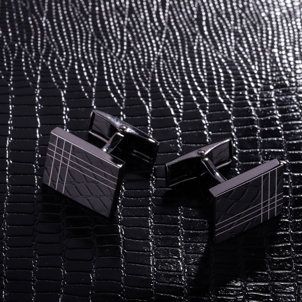 Striped Men's French Cufflinks – Geometric Brass Shirt Cufflinks in Black