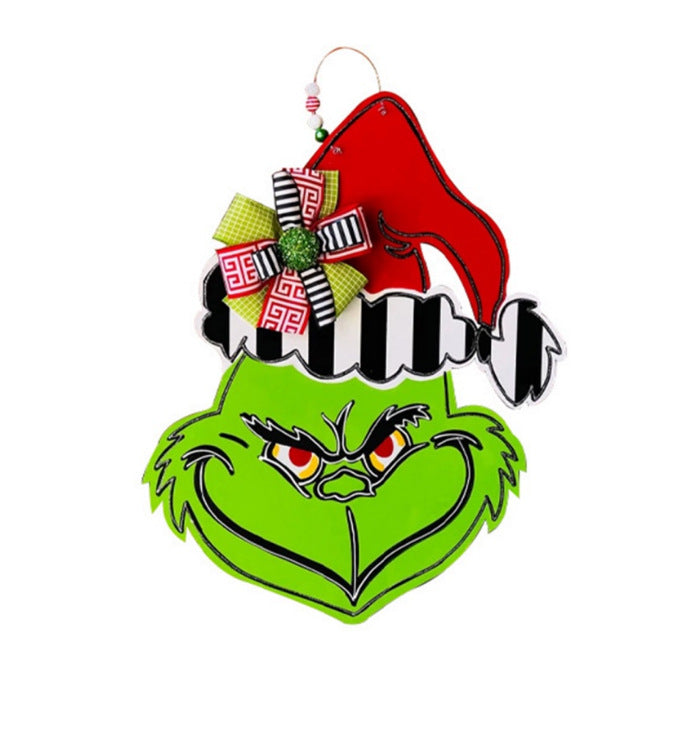 Christmas Wooden Door Sign – Festive Green Character Hanging Decor