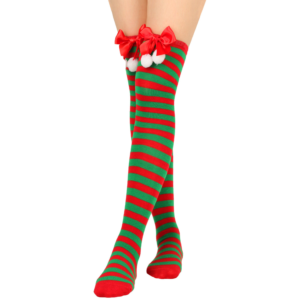 Women's Puff Ball Bow Over-Knee Christmas Socks