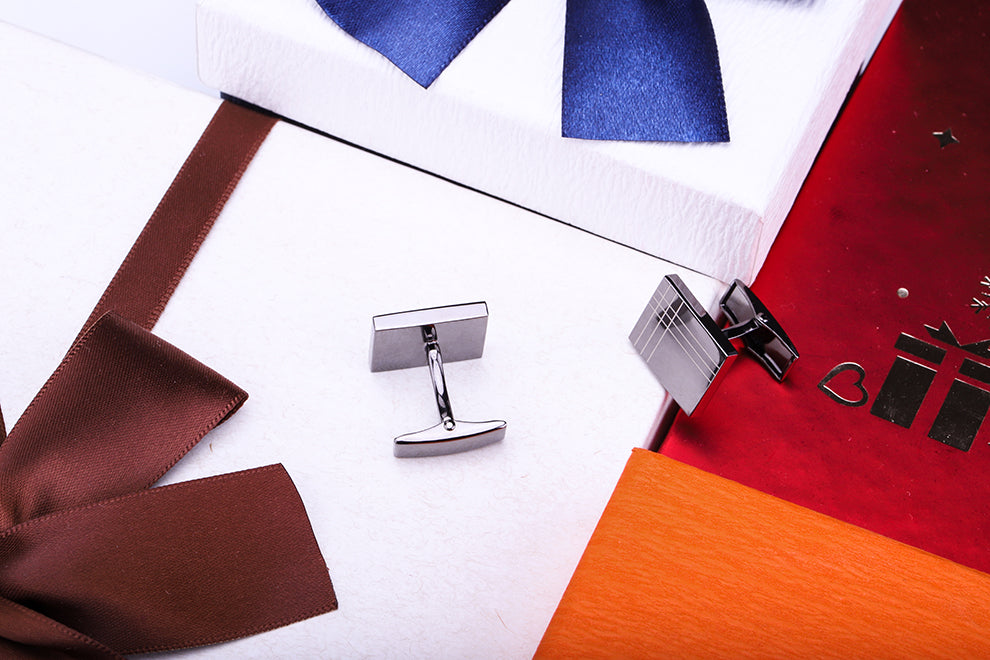 Striped Men's French Cufflinks – Geometric Brass Shirt Cufflinks in Black