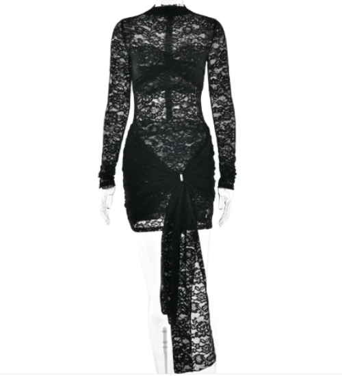 Damen elegantes Polyester-Midikleid mit schmal geschnittenen Spitzenärmeln | Schwarz | S–L