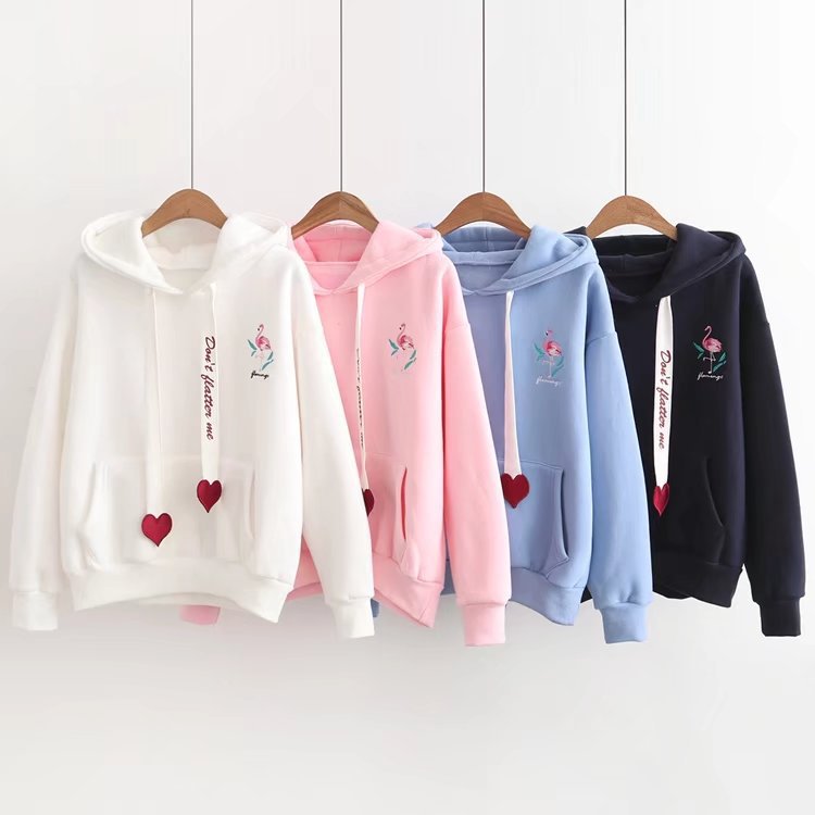 Flamingo Love Printed Velvet Hooded Sweatshirt