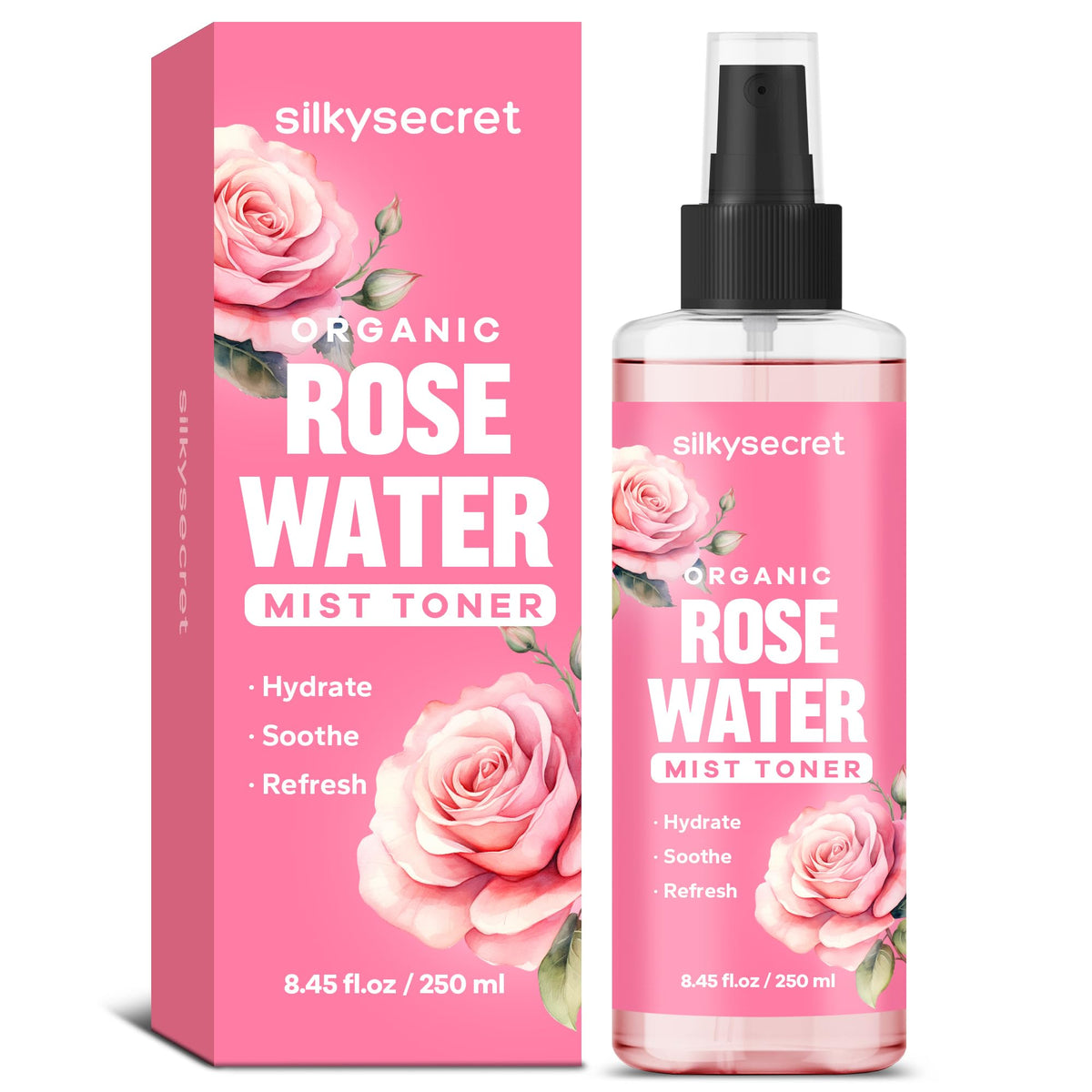 SilkySecret Organic Rose Water Spray – Hydrating Face Mist & Toner for Skin & Hair (8.45 fl oz)