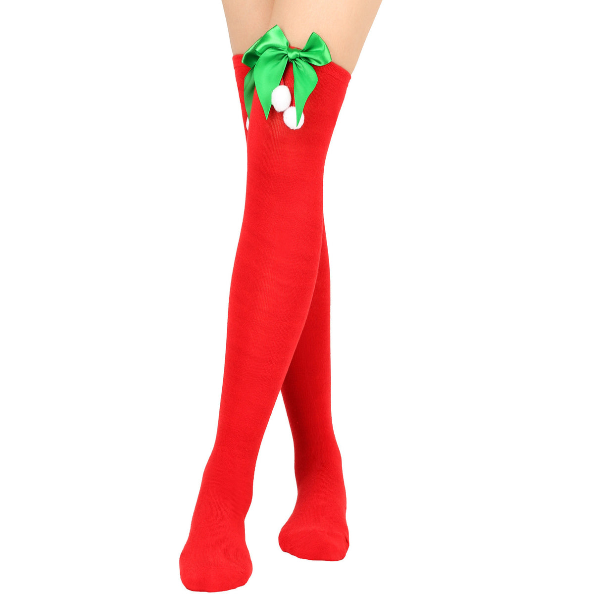 Women's Puff Ball Bow Over-Knee Christmas Socks