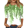 Women's Retro Floral Print Crewneck Top – 3/4 Sleeve Casual Blouse in Fluorescent Green (4XL)