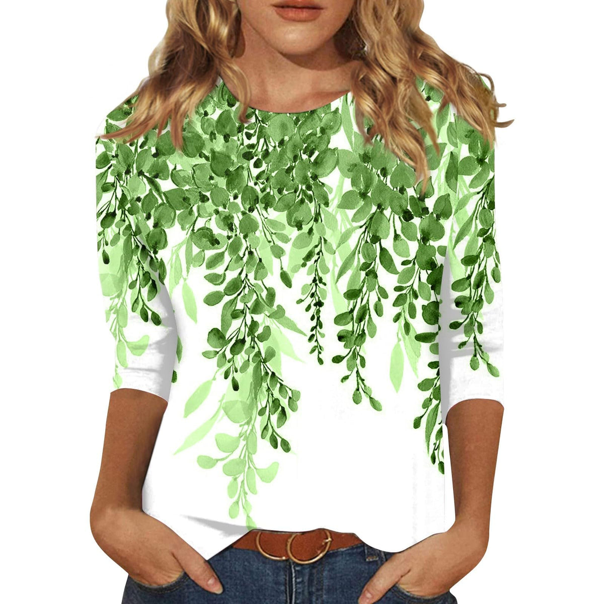 Women's Retro Floral Print Crewneck Top – 3/4 Sleeve Casual Blouse in Fluorescent Green (4XL)
