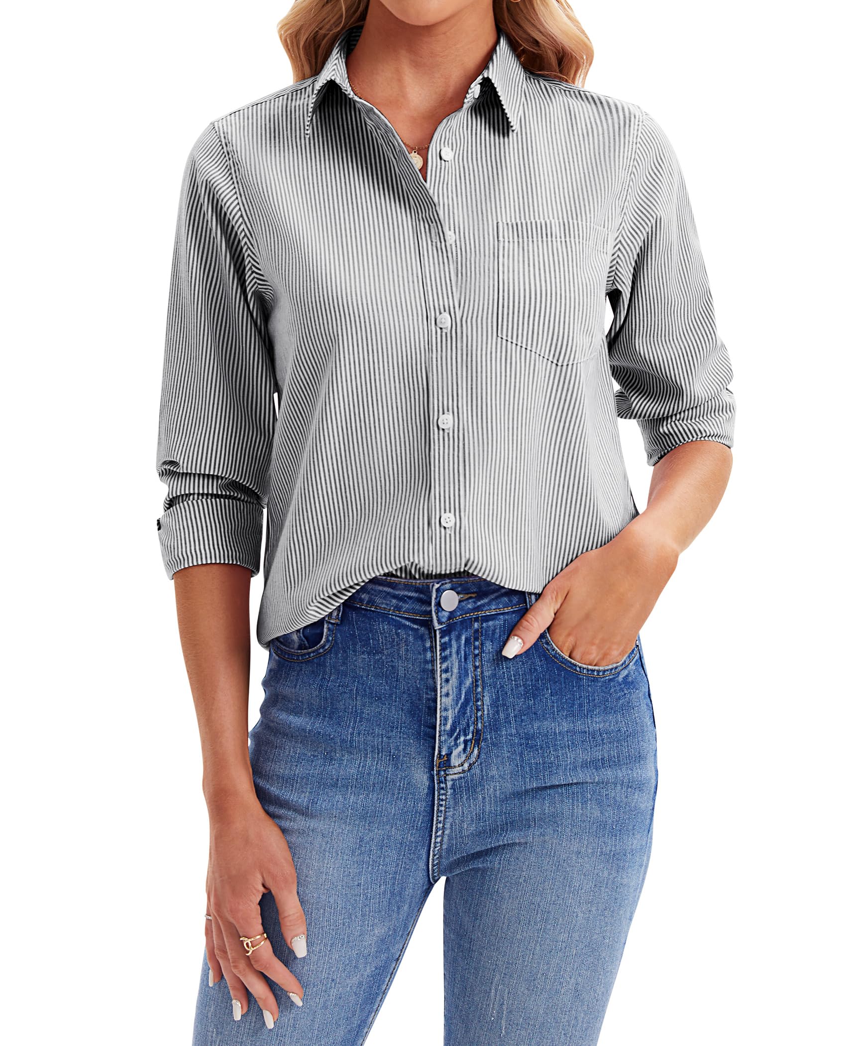 Damen Oxford-Hemd – Langärmlige Kragenbluse mit Tasche für die Arbeit
