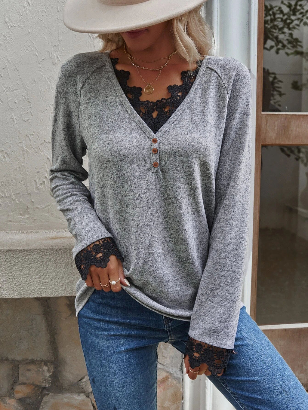 Damen Patchwork Strick T-Shirt Top