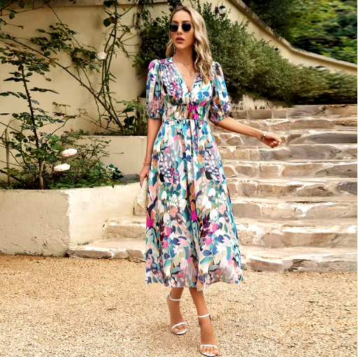 Women's V-Neck Printed Short Sleeve Maxi Dress | Summer Beach Dress