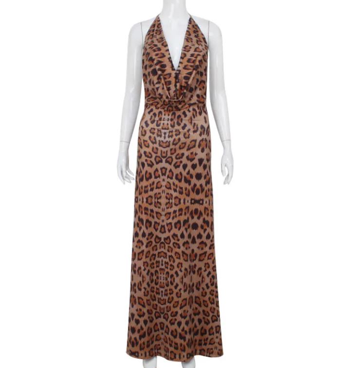 Women's V-Neck Halter Backless Leopard Print Dress | Slim Fit Occasion Dress