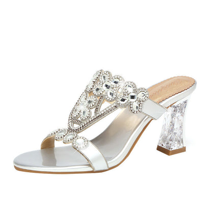 Rhinestone Block-Heeled Diamond Flower Sandals