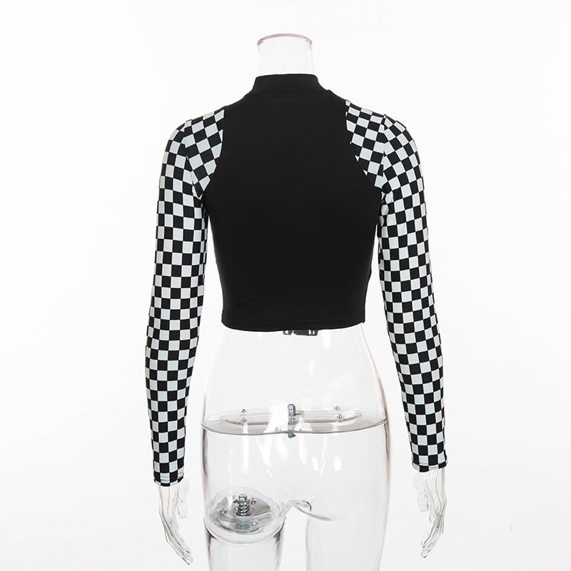 Patchwork Checkerboard Long Sleeve Crop T-Shirt