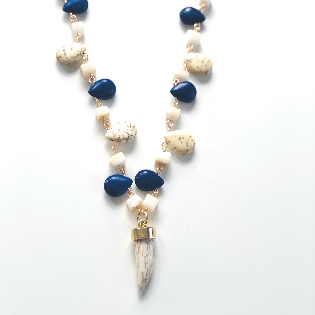 Navy Droplet & Cube Beaded Necklace