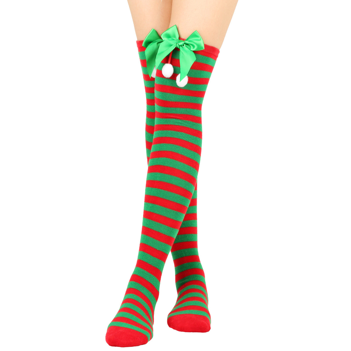 Women's Puff Ball Bow Over-Knee Christmas Socks
