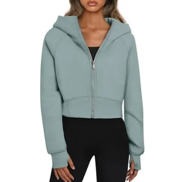 Women's Velvet Zip-Up Hooded Sweatshirt – Cropped Long Sleeve Hoodie in 9 Colours
