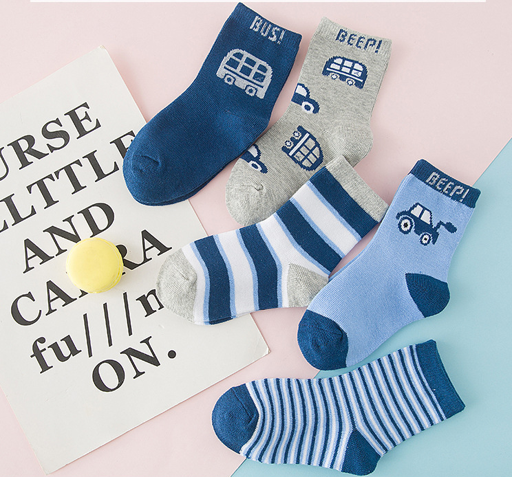 Kids’ Vehicle & Stripe Socks, 5 Pairs