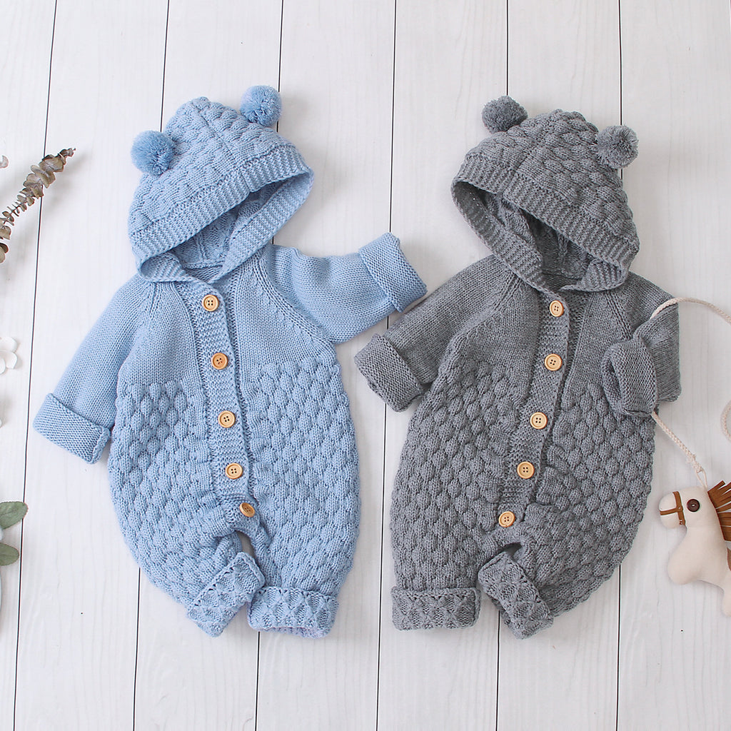 Hooded Knitted Baby Jumpsuit with Fur Ball Design