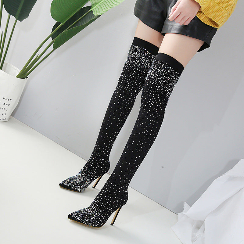 Rhinestone Knee-High Boots for Women – Stiletto Heel