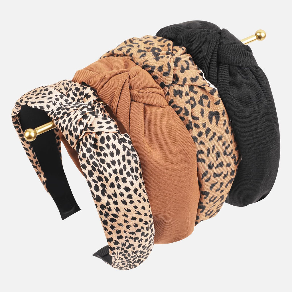 Sept Montagne Women's Knotted Headband Set – 4 Pack Wide Chunky Hair Bands in Black, Brown & Leopard