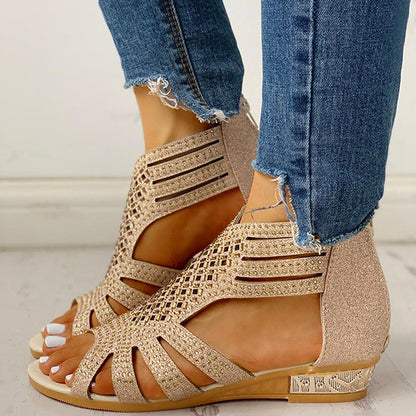 Women's Flat Cutout Roman Sandals with Rhinestones
