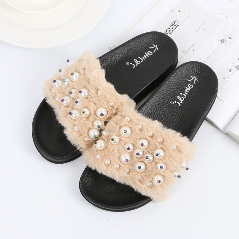 Chaussures Plates en Fourrure Ornées de Perles pour Femme – Automne Hiver