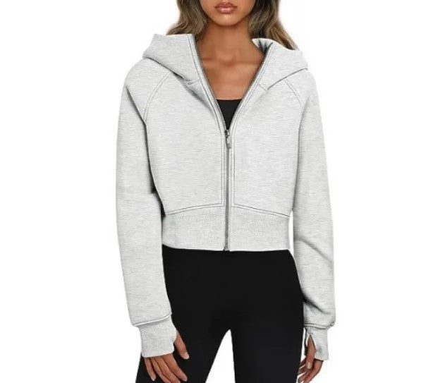 Women's Velvet Zip-Up Hooded Sweatshirt – Cropped Long Sleeve Hoodie in 9 Colours