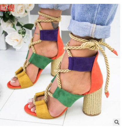 Color Block Chunky Heel Sandals