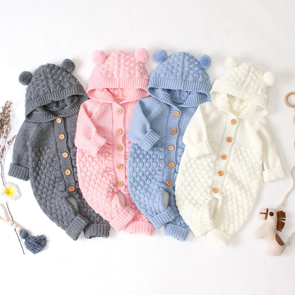 Hooded Knitted Baby Jumpsuit with Fur Ball Design