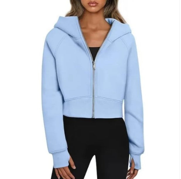 Sweat à capuche zippé en velours pour femme – Court, manches longues, disponible en 9 couleurs