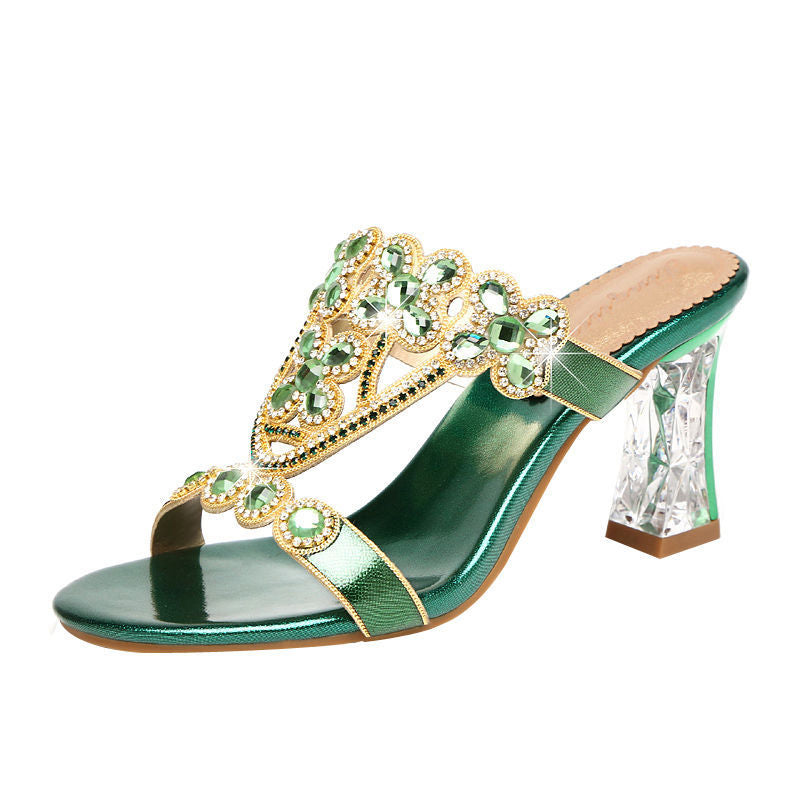 Rhinestone Block-Heeled Diamond Flower Sandals