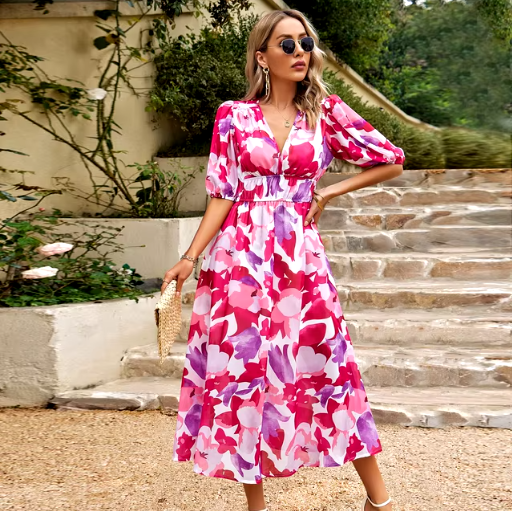 Women's V-Neck Printed Short Sleeve Maxi Dress | Summer Beach Dress