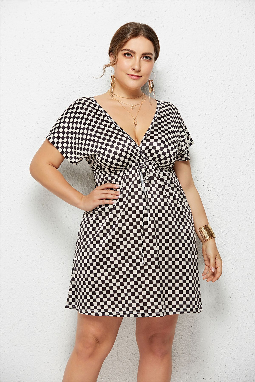 Printed Deep V-Neck Elastic-Waist Dress