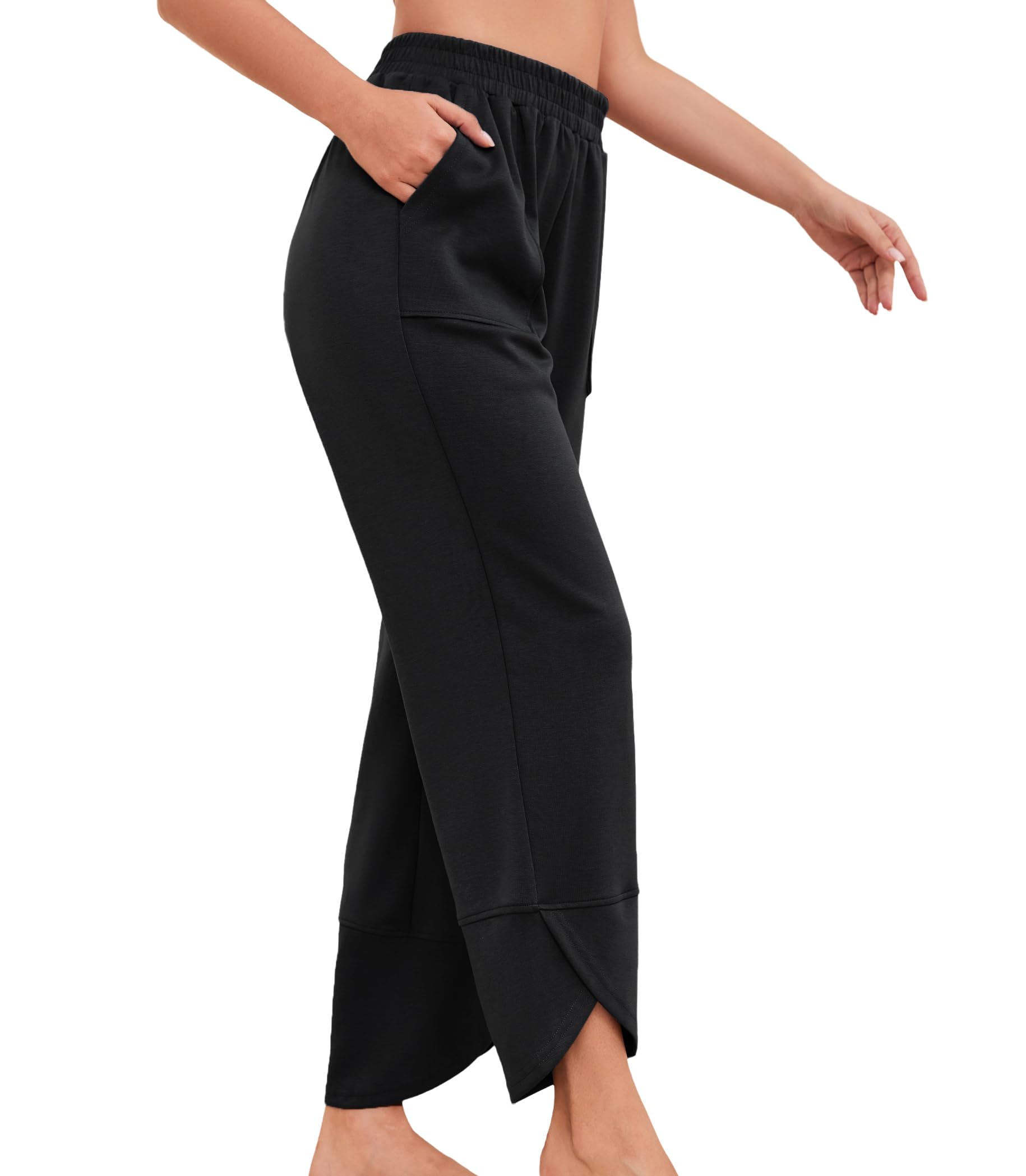 Damen High Waist Hose mit weitem, verkürztem Bein – Locker sitzende Haremshose mit Taschen