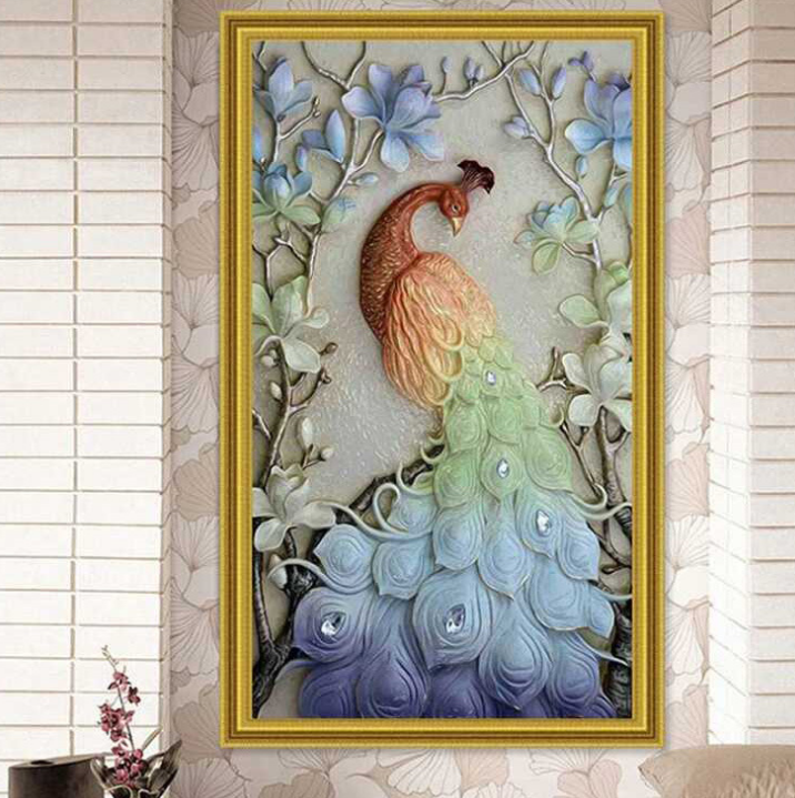 Moderne Kreuzstich-Pfau-Kunst für Wohnzimmerdekoration