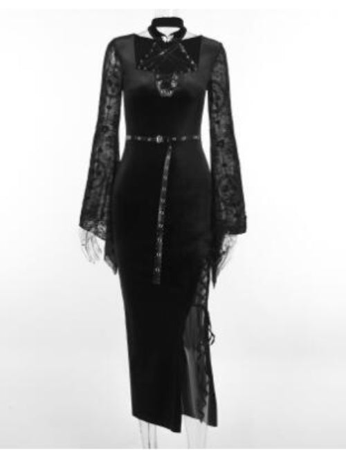 Long Sleeve Spider Web Stitch Dress | Halloween Gothic Costume