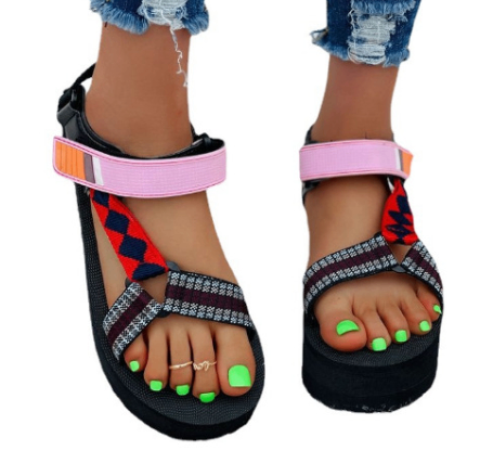 Damen-Plateausandalen mit Farbblockdesign und Klettverschluss | Grün, Rosa & Orange