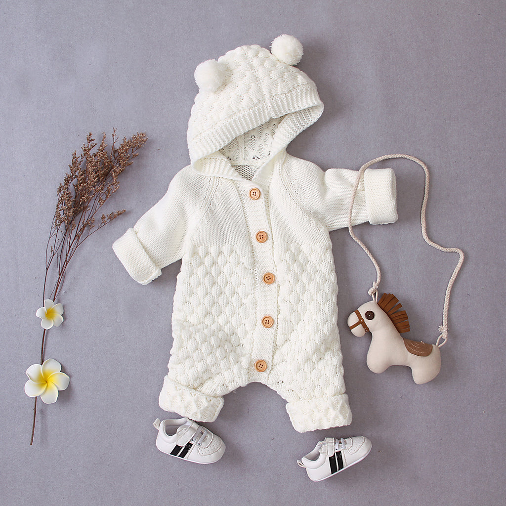 Hooded Knitted Baby Jumpsuit with Fur Ball Design