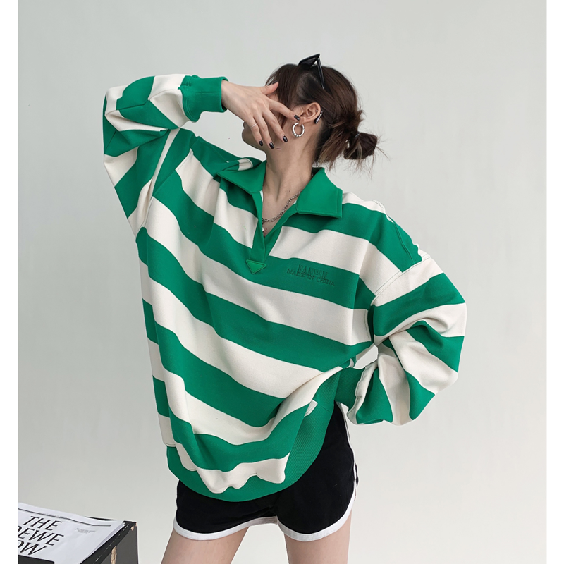 Sweat-shirt brodé rayé unisexe – Pull en coton à revers Noir & Vert | M–2XL