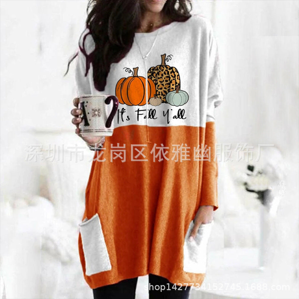 Women's Pumpkin Print Halloween Pocket Dress