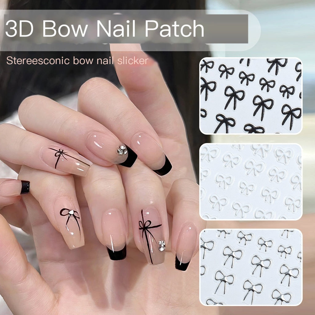 5D Embossed Bow Nail Stickers – Black, White & Silver