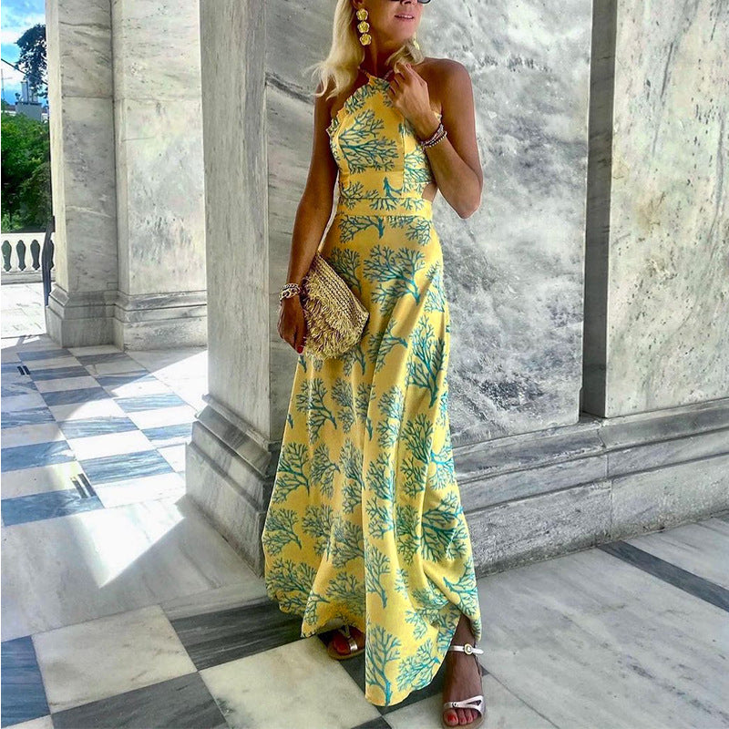 Damen Neckholder Print Midikleid | Ärmelloses Sommerkleid mit hoher Taille