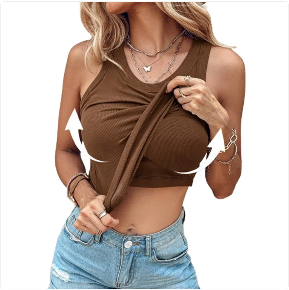 Damen Rundhals-Tanktop mit integriertem BH | Ärmelloses Slim Fit Top