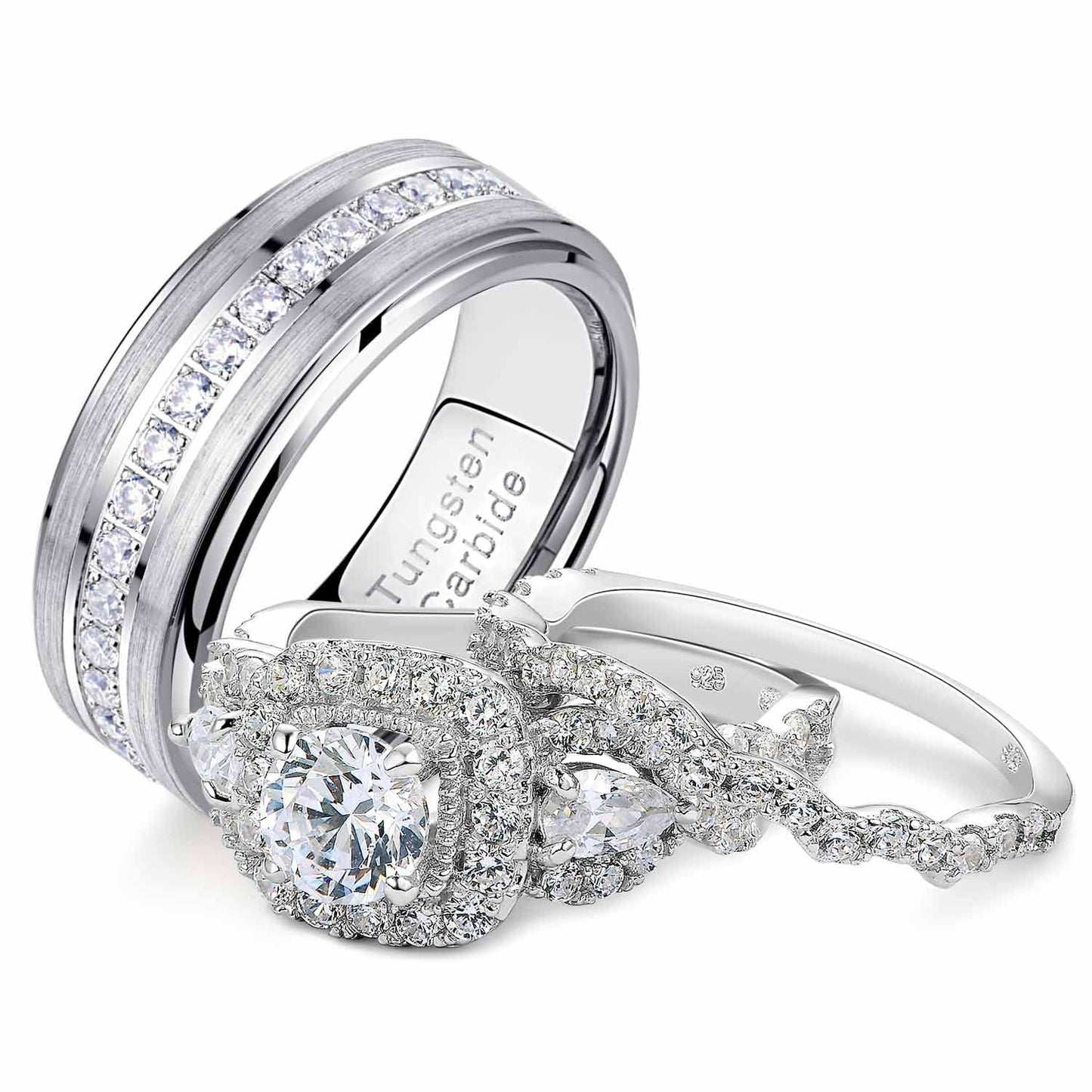 Newshe His & Hers Wedding Ring Set | Sterling Silver & Tungsten Couple Bands