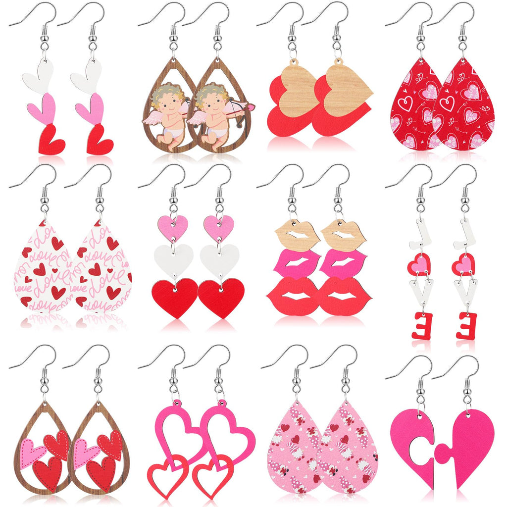 Valentine’s Wooden Drop Earrings, 12 Pairs